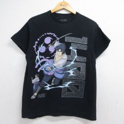 M★古着 半袖 Tシャツ メンズ アニメ ナルト疾風伝 うちはサスケ コットン クルーネック ブラック 26jun25