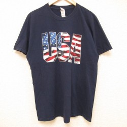 L★古着 半袖 Tシャツ メンズ USAロゴ 星条旗 コットン クルーネック 濃紺 ネイビー 24feb29 中古