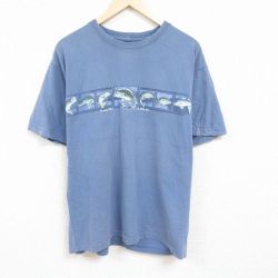 【50%OFF】XL★古着 半袖 Tシャツ メンズ 魚 大きいサイズ コットン クルーネック 薄紺 ネイビー 24mar16 中古