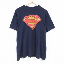 【50%OFF】XL★古着 半袖 Tシャツ メンズ DCコミックス スーパーマン 大きいサイズ コットン クルーネック 紺 ネイビー 24may21 中古