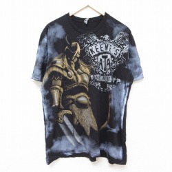 XL★古着 半袖 Tシャツ メンズ KEENES ATA MARTIAL ARTS バイキング 全面プリント コットン クルーネック 黒 ブラック 24may30 中古