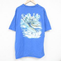 XL★古着 半袖 Tシャツ メンズ カジキ 胸ポケット付き 大きいサイズ ロング丈 コットン クルーネック 薄紺 ネイビー 24jun07 中古