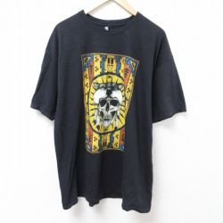 【50%OFF】XL★古着 半袖 Tシャツ メンズ スカル 大きいサイズ コットン クルーネック 黒 ブラック 24jun10 中古