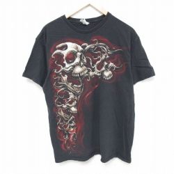 【50%OFF】L★古着 半袖 Tシャツ メンズ スカル コットン クルーネック 黒 ブラック 24jun12 中古