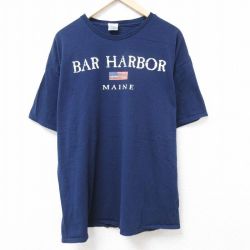 XL★古着 半袖 Tシャツ メンズ バーハーバー 星条旗 大きいサイズ コットン クルーネック 紺 ネイビー 24jul04 中古
