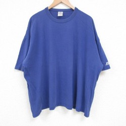 XL★古着 ラッセル 半袖 Tシャツ メンズ 無地 大きいサイズ コットン クルーネック 紺 ネイビー 25apr19 中古