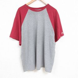 【50%OFF】XL★古着 ラッセル 半袖 Tシャツ メンズ 無地 ラグラン ツートンカラー 大きいサイズ ロング丈 クルーネック グレー他 霜降り 25apr23 中古
