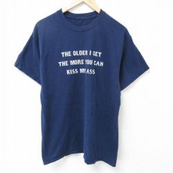 L★古着 半袖 Tシャツ メンズ メッセージ クルーネック 紺 ネイビー 25jun05 中古