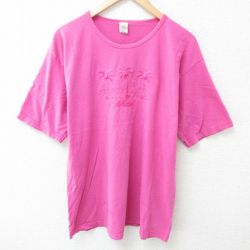 L★古着 半袖 Tシャツ メンズ マウイ 刺繍 コットン クルーネック 濃ピンク 25jun05 中古