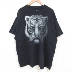 XL★古着 半袖 Tシャツ メンズ トラ 大きいサイズ コットン クルーネック 黒 ブラック 25may19 中古