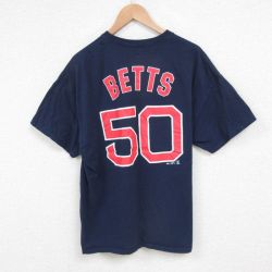 XL★古着 マジェスティック 半袖 Tシャツ メンズ MLB ボストンレッドソックス ムーキーベッツ 50 クルーネック 紺 ネイビー メジャーリーグ ベースボール 野球 25may22 中古
