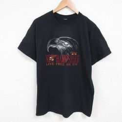L★古着 半袖 Tシャツ メンズ 鳥 ニューハンプシャー 刺繍 クルーネック 黒 ブラック 25may22 中古