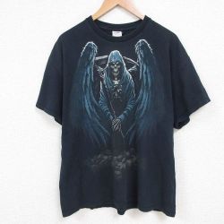 【50%OFF】XL★古着 半袖 Tシャツ メンズ 死神 スケルトン コットン クルーネック 黒 ブラック 25may22 中古