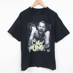 XL★古着 半袖 Tシャツ メンズ ワールドプロレスリング CMパンク コットン クルーネック 黒 ブラック 25may22 中古