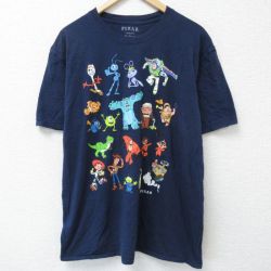 XL★古着 半袖 Tシャツ メンズ ディズニー DISNEY ピクサー トイストーリー モンスターインク コットン クルーネック 紺 ネイビー 25may23 中古