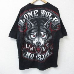 【50%OFF】XL★古着 半袖 Tシャツ メンズ ウルフ 大きいサイズ コットン クルーネック 黒 ブラック 25may23 中古