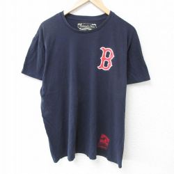 XL★古着 半袖 Tシャツ メンズ MLB ボストンレッドソックス コットン クルーネック 紺 ネイビー メジャーリーグ ベースボール 野球 25may23 中古