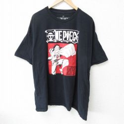 XL★古着 半袖 Tシャツ メンズ アニメ ワンピース モンキーDルフィ 大きいサイズ コットン クルーネック 黒 ブラック 25may23 中古