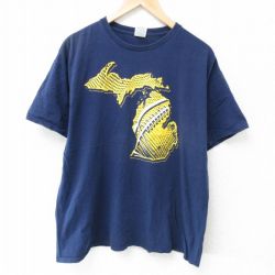 【50%OFF】XL★古着 半袖 Tシャツ メンズ ミシガン コットン クルーネック 紺 ネイビー 25may23 中古