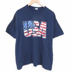 XL★古着 半袖 Tシャツ メンズ USAロゴ 星条旗 コットン クルーネック 紺 ネイビー 25may23 中古