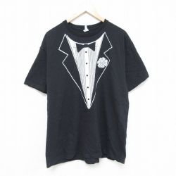 【50%OFF】XL★古着 半袖 Tシャツ メンズ タキシード コットン クルーネック 黒 ブラック 25jun05 中古