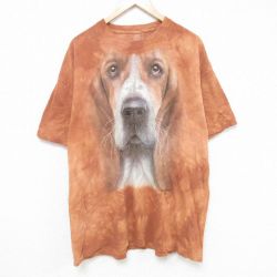 XL★古着 半袖 Tシャツ メンズ 犬 大きいサイズ コットン クルーネック 茶他 ブラウン タイダイ 25jun05 中古