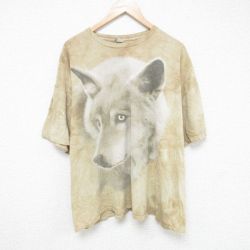 【50%OFF】XL★古着 半袖 Tシャツ メンズ オオカミ 大きいサイズ コットン クルーネック 薄茶他 ブラウン タイダイ 25jun05 中古
