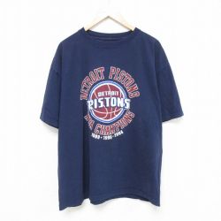 XL★古着 半袖 Tシャツ メンズ NBA デトロイトピストンズ 大きいサイズ コットン クルーネック 紺 ネイビー バスケットボール 25jun06 中古