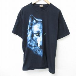 XL★古着 フルーツオブザルーム 半袖 Tシャツ メンズ オオカミ コットン クルーネック 黒 ブラック 25may24 中古
