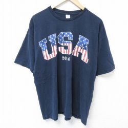 XL★古着 半袖 Tシャツ メンズ USAロゴ 星条旗 コットン クルーネック USA製 紺 ネイビー 25may24 中古