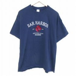 XL★古着 半袖 Tシャツ メンズ バーハーバー 刺繍 コットン クルーネック 紺 ネイビー 25may26 中古