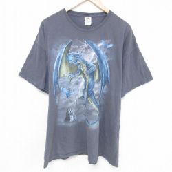 【50%OFF】XL★古着 フルーツオブザルーム 半袖 Tシャツ メンズ ドラゴン 大きいサイズ コットン クルーネック 濃グレー 25may26 中古