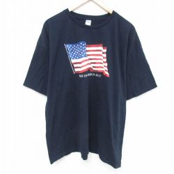 XL★古着 半袖 Tシャツ メンズ 星条旗 大きいサイズ コットン クルーネック USA製 紺 ネイビー 25may26 中古