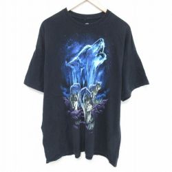 XL★古着 半袖 Tシャツ メンズ オオカミ 大きいサイズ コットン クルーネック 黒 ブラック 25may26 中古