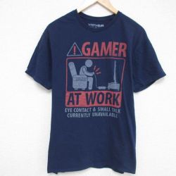【20%OFF】XL★古着 半袖 Tシャツ メンズ ゲーマー コットン クルーネック 紺 ネイビー 25jun06 中古