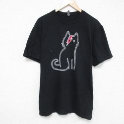 XL★古着 半袖 Tシャツ メンズ ネコ コットン クルーネック 黒 ブラック 25jun06 中古