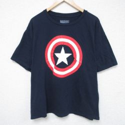 XL★古着 半袖 Tシャツ メンズ マーベル キャプテンアメリカ 大きいサイズ コットン クルーネック 紺 ネイビー 25jun06 中古