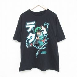 【50%OFF】XL★古着 半袖 Tシャツ メンズ アニメ 僕のヒーローアカデミア 大きいサイズ コットン クルーネック 黒 ブラック 25may27 中古