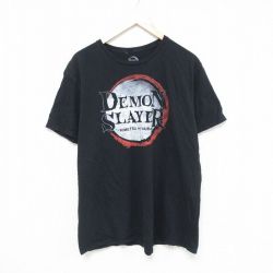 【20%OFF】XL★古着 半袖 Tシャツ メンズ アニメ 鬼滅の刃 コットン クルーネック 黒 ブラック 25may27 中古