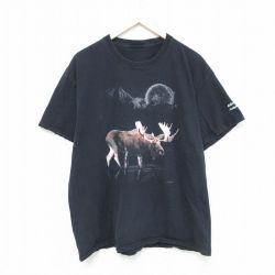 【50%OFF】XL★古着 半袖 Tシャツ メンズ ヘラジカ クルーネック 黒 ブラック 25may27 中古