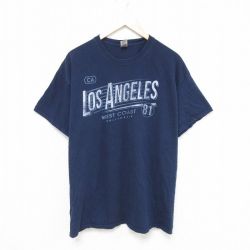 【50%OFF】XL★古着 半袖 Tシャツ メンズ ロサンゼルス コットン クルーネック 紺 ネイビー 25may27 中古