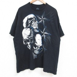 【20%OFF】XL★古着 半袖 Tシャツ メンズ スカル 大きいサイズ コットン クルーネック 黒 ブラック 25jun06 中古