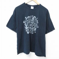 【20%OFF】XL★古着 半袖 Tシャツ メンズ スカル コットン クルーネック 紺 ネイビー 25jun07 中古