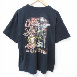 XL★古着 半袖 Tシャツ メンズ 消防服 大きいサイズ コットン クルーネック 黒 ブラック 25jun07 中古