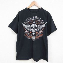 XL★古着 半袖 Tシャツ メンズ スカルウィング クルーネック 黒 ブラック 25jun07 中古