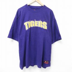 XL★古着 半袖 Tシャツ メンズ タイガース 刺繍 大きいサイズ ロング丈 コットン クルーネック 紫 パープル 25jun07 中古