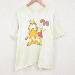 【50%OFF】XL★古着 半袖 Tシャツ メンズ ガーフィールド 大きいサイズ コットン クルーネック 薄黄他 イエロー タイダイ 25jun07 中古