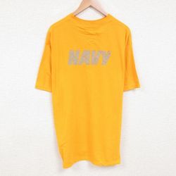 XL★古着 半袖 Tシャツ メンズ ミリタリー ネイビー NAVY リフレクター 大きいサイズ ロング丈 コットン クルーネック USA製 濃黄 イエロー 25jun07 中古