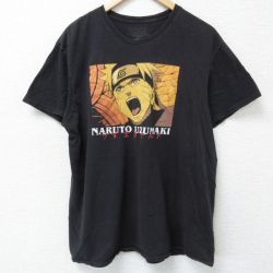XL★古着 半袖 Tシャツ メンズ アニメ ナルト疾風伝 うずまきナルト コットン クルーネック 黒 ブラック 25jun09 中古