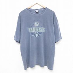 XL★古着 半袖 Tシャツ メンズ MLB ニューヨークヤンキース 大きいサイズ コットン クルーネック 薄紺 ネイビー メジャーリーグ ベースボール 野球 25jun09 中古